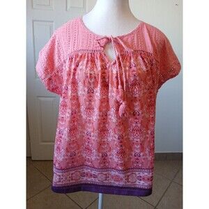 Farmers Market by‎ Oneworld Blouse Top Floral Orange Eyelet split neck Large